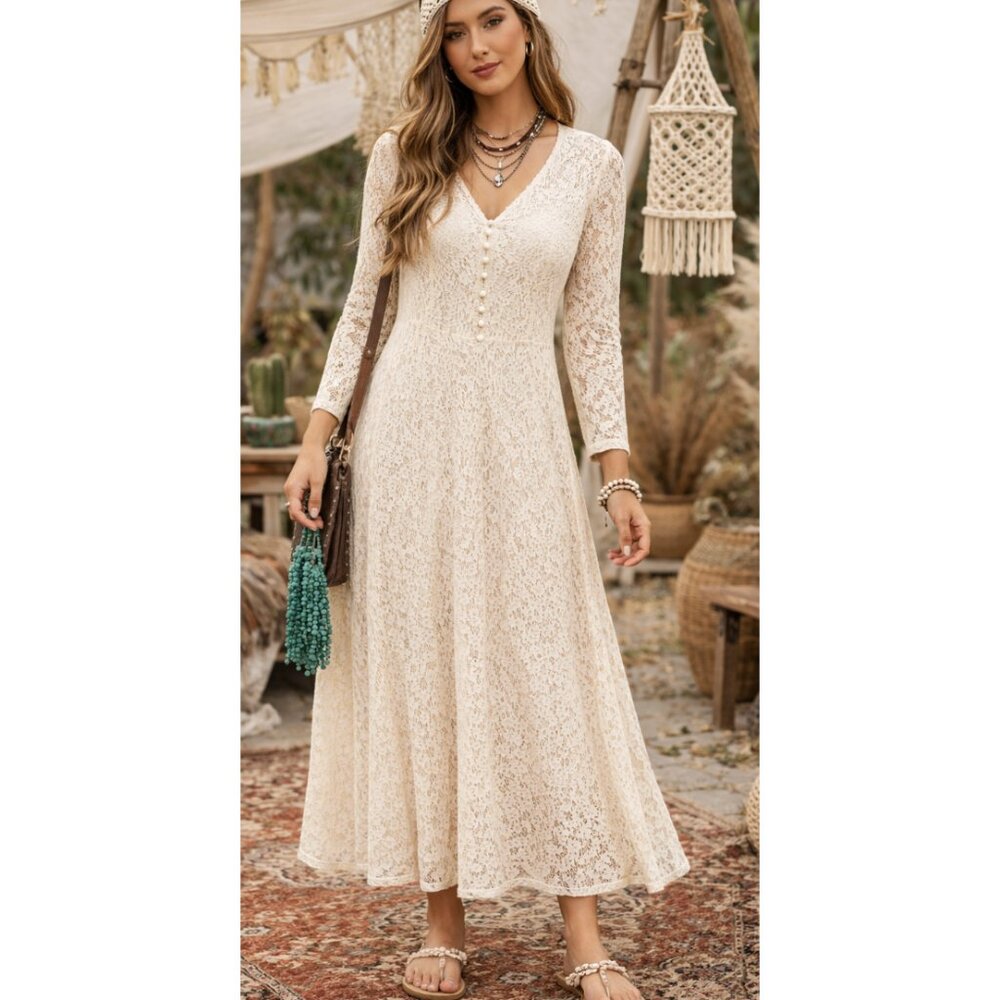 VINTAGE ALL THAT JAZZ 90s Cream Lace Corseted Maxi Dress Fairy Grunge Boho